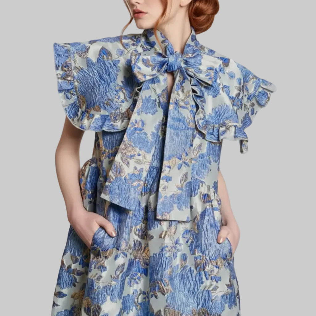 Blue Floral Embroidered Jacquard Midi Dress with Bow Tie Collar – Elegant Summer Occasion