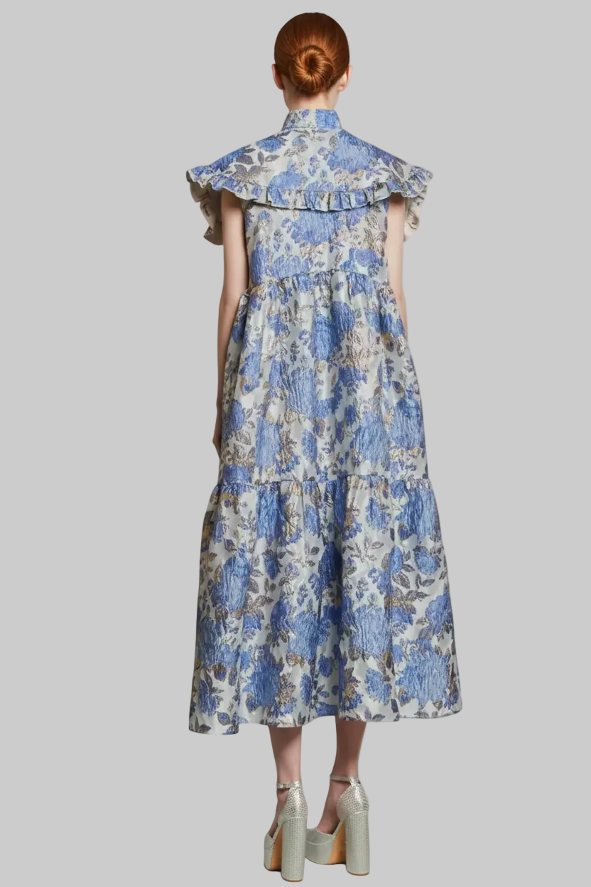 Blue Floral Embroidered Jacquard Midi Dress with Bow Tie Collar – Elegant Summer Occasion