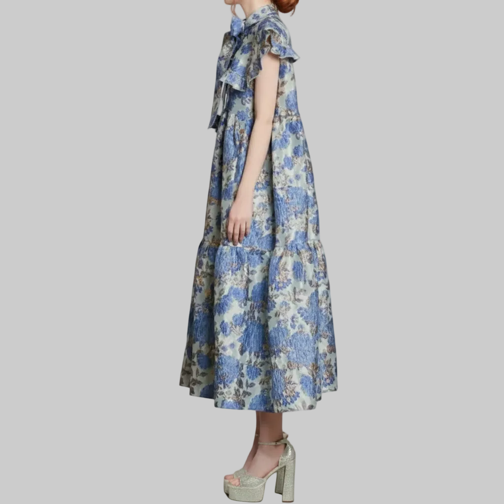 Blue Floral Embroidered Jacquard Midi Dress with Bow Tie Collar – Elegant Summer Occasion