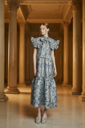 Blue Floral Embroidered Jacquard Midi Dress with Bow Tie Collar – Elegant Summer Occasion