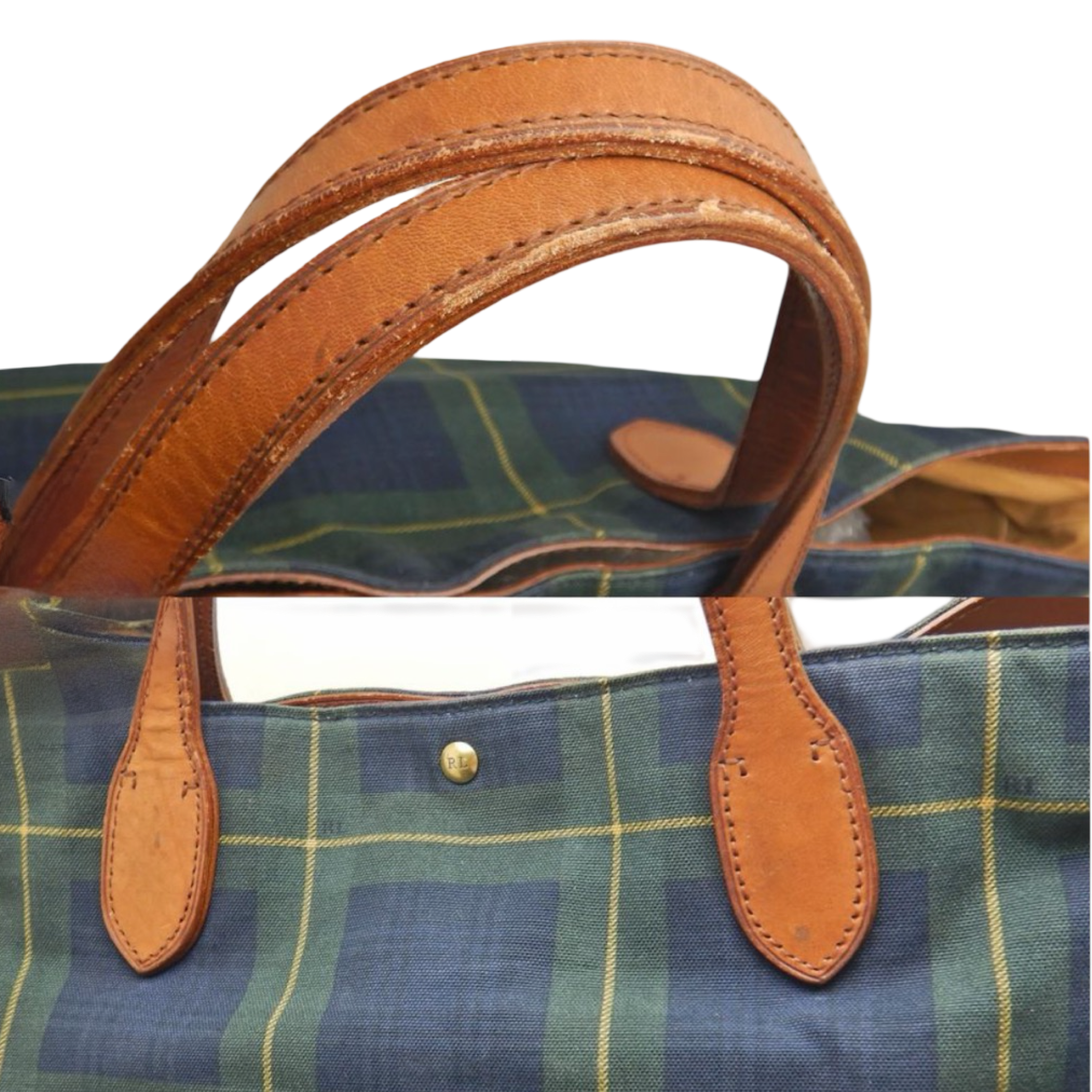 Polo Ralph Lauren Green Check Canvas & Leather Weekender Tote Previously Owned Authentic