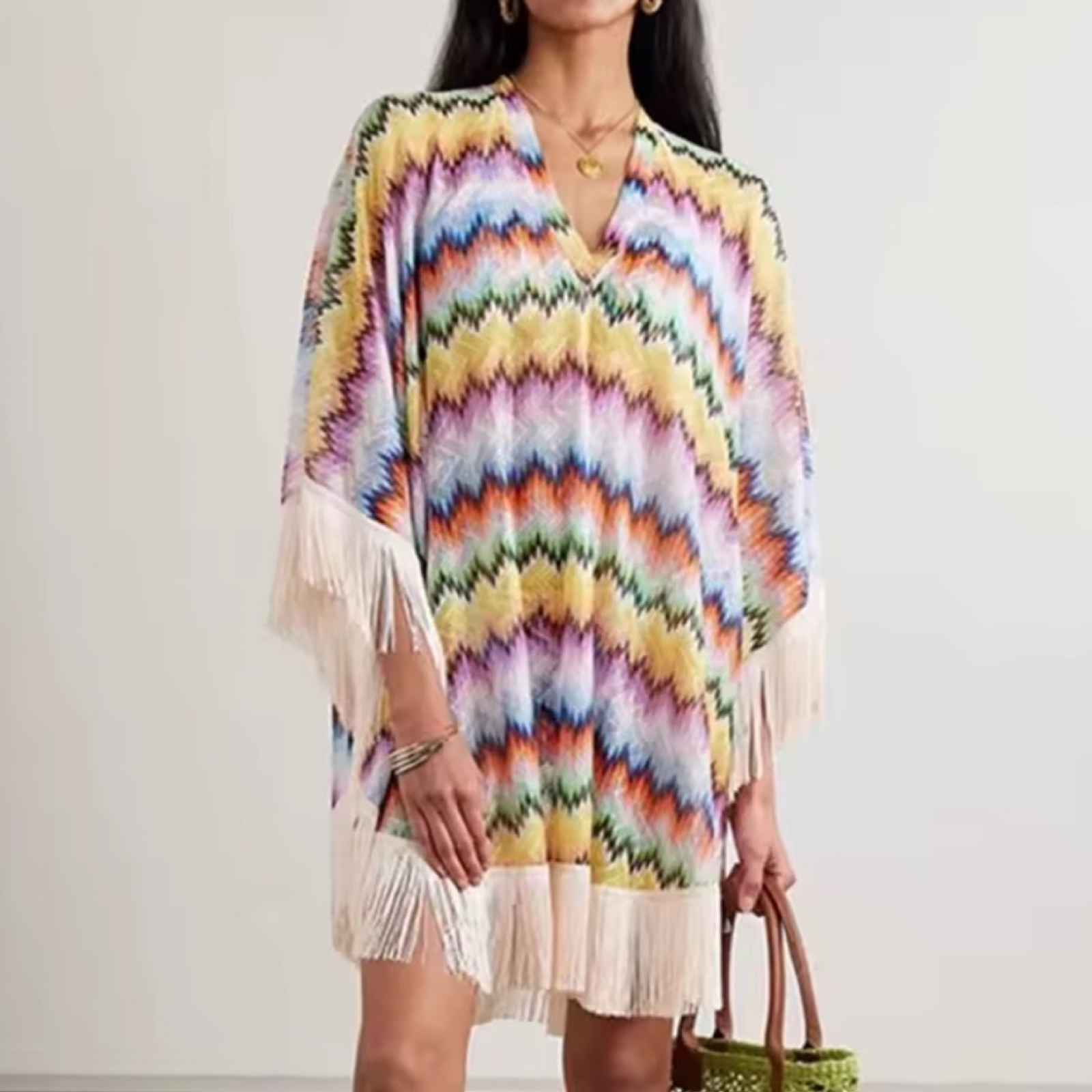 Rainbow Striped Tassel Mini Dress – One Size Loose Fit Resort Style