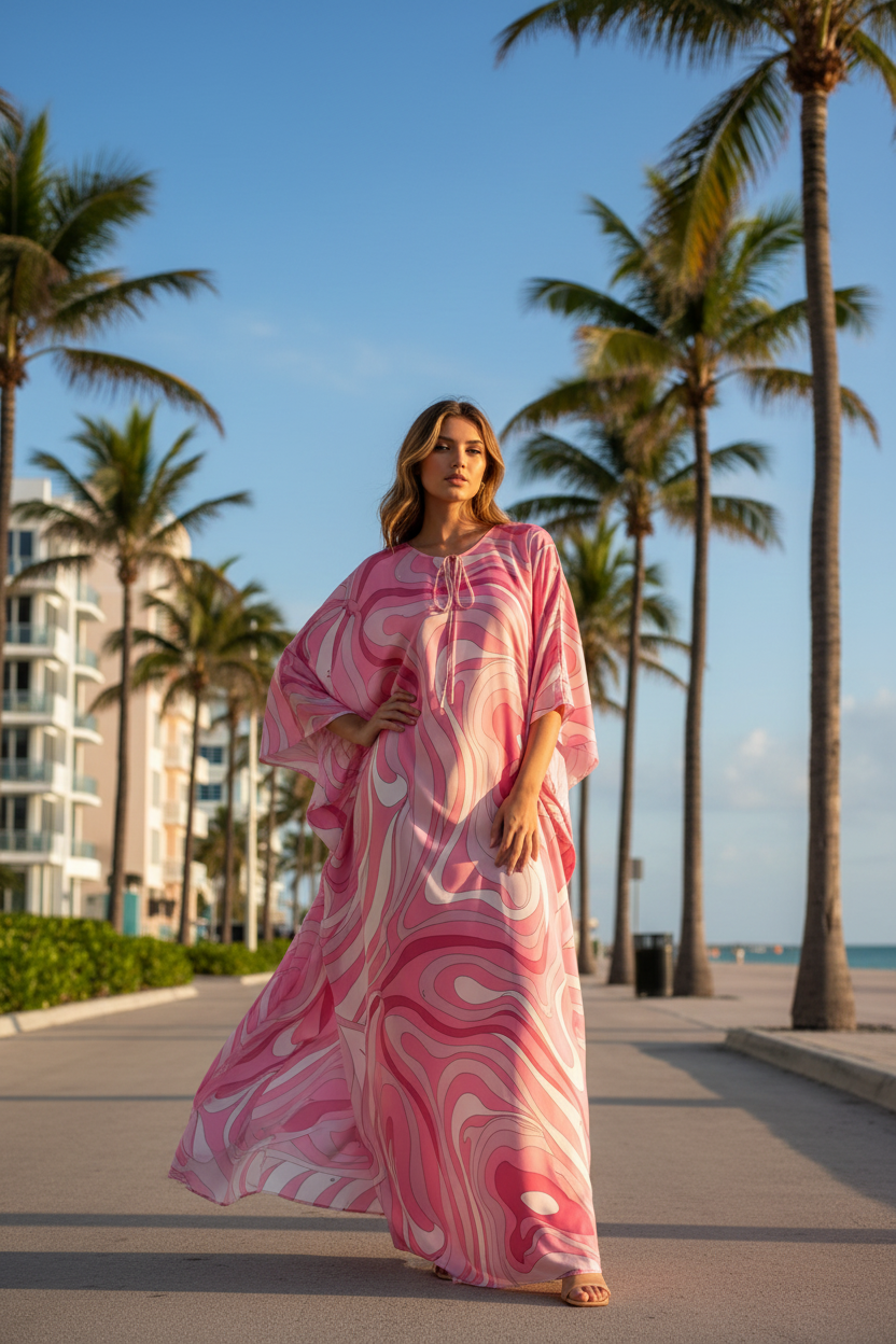 Pink Abstract Print Loose Kaftan Maxi Dress – Batwing Sleeve Resort Dress