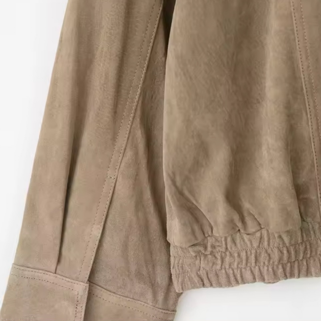 Khaki Suede-Look Bomber Jacket with Pockets