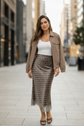 Mocha Brown Polka Dot Lace-Hem Midi Skirt – High Waist A-Line Fit