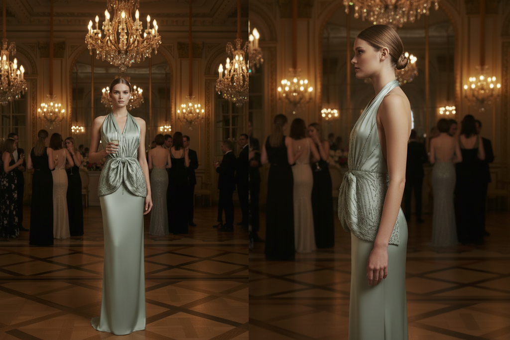A Pale Mint Green Halter Evening Gown with Crystal-Style Waist Detail Formal Dress