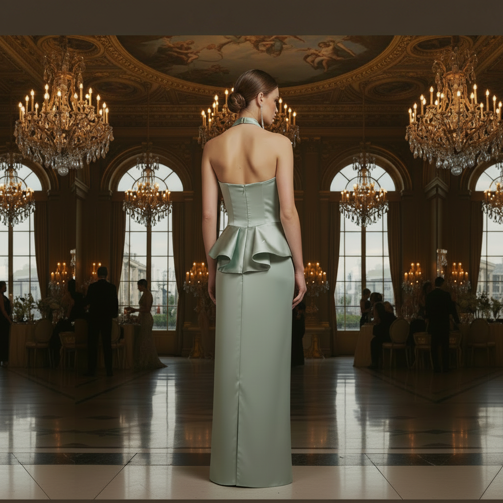 A Pale Mint Green Halter Evening Gown with Crystal-Style Waist Detail Formal Dress