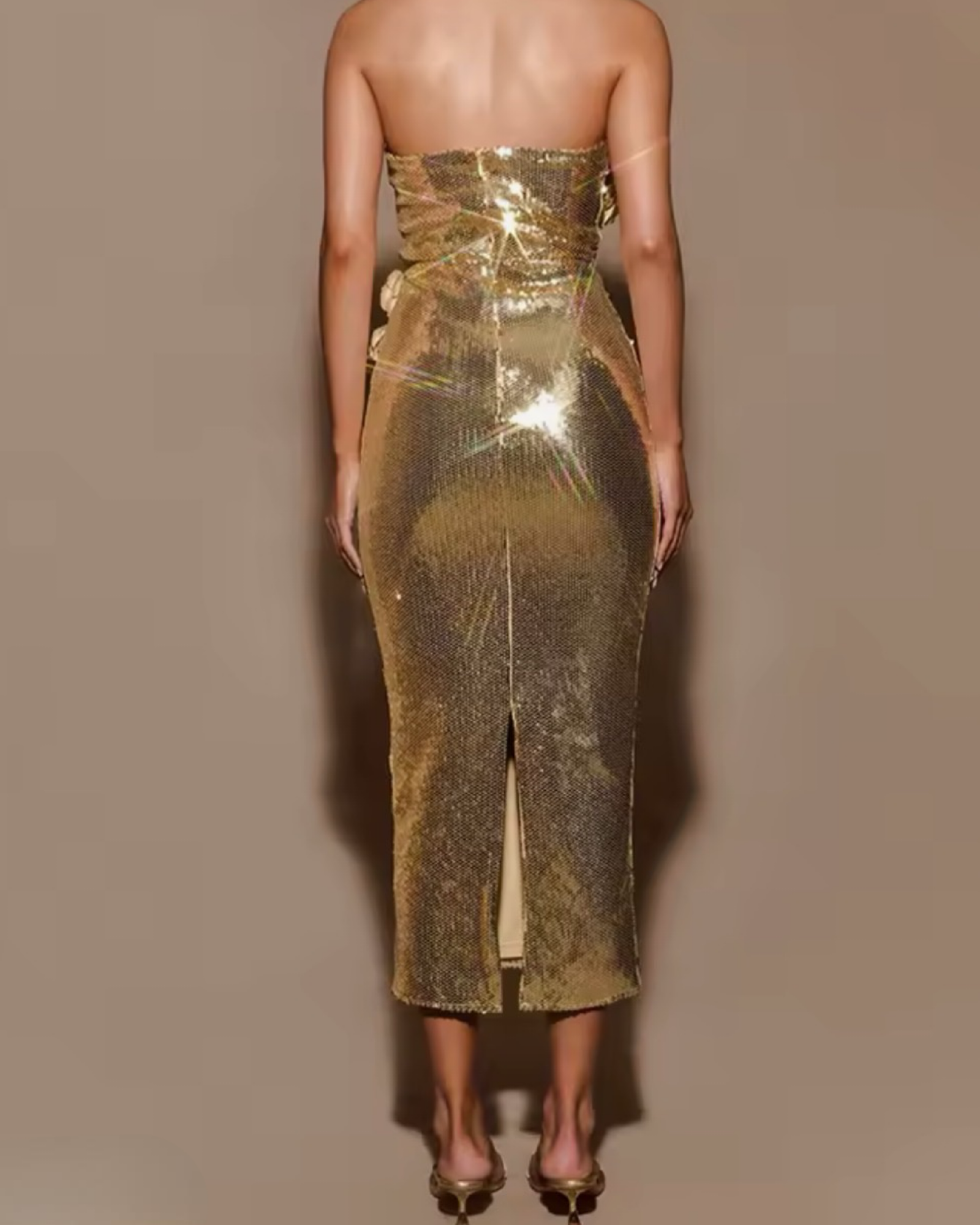 Gold Strapless Sequin Floral Appliqué Midi Dress