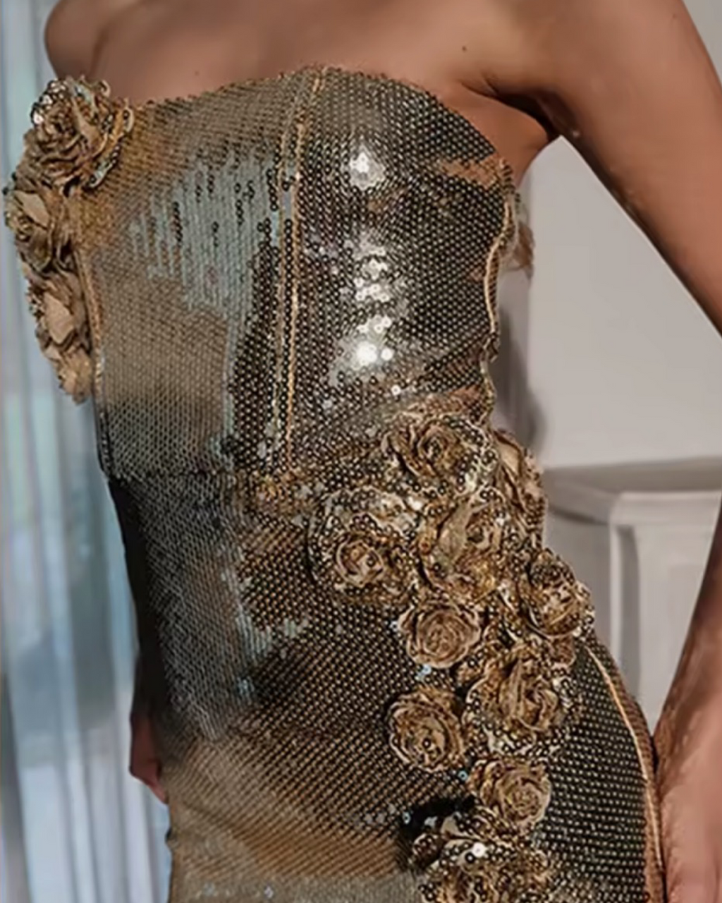 Gold Strapless Sequin Floral Appliqué Midi Dress
