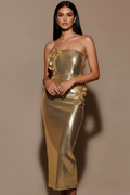 Gold Strapless Sequin Floral Appliqué Midi Dress