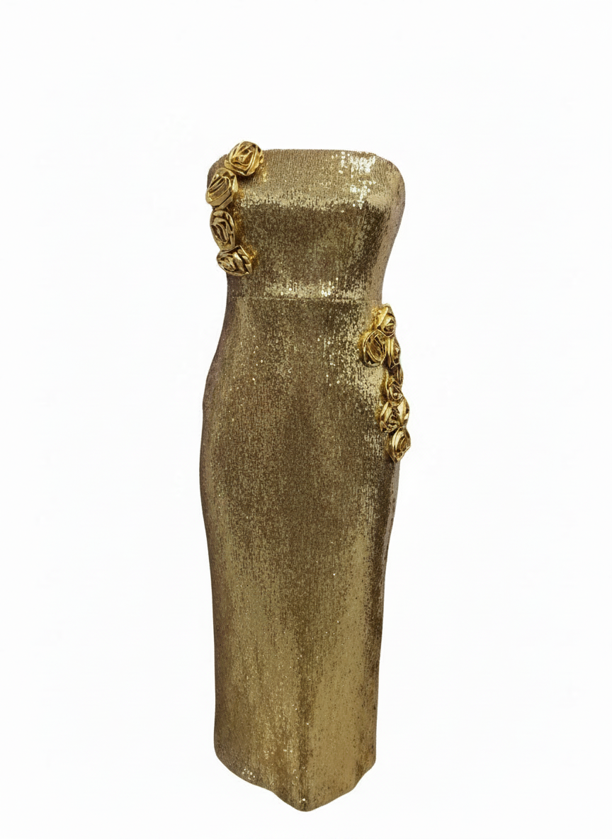 Gold Strapless Sequin Floral Appliqué Midi Dress