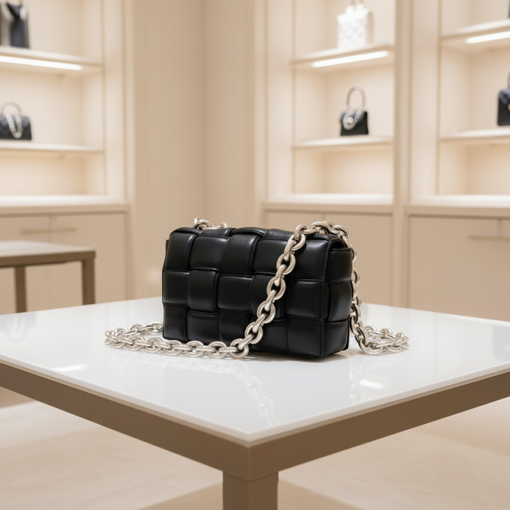 BOTTEGA VENETA – Chain Padded Cassette Shoulder Bag – Black Maxi Intrecciato Leather – 100% Authentic ✨Previously Owned Very Good Condition ~31% Off MSRP