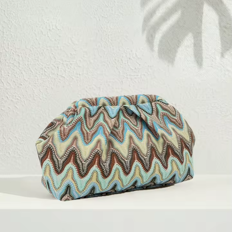 European Resort Zigzag Jacquard Cloud Clutch Bag – Pastel Knit Evening Bag