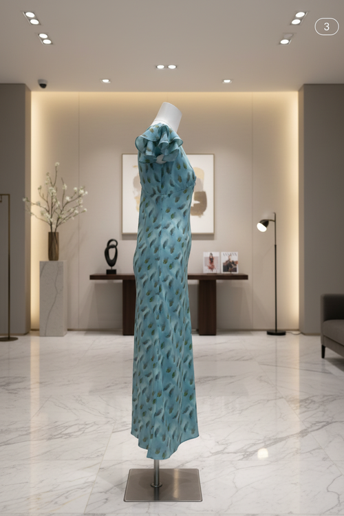 Aqua Feather Print V-Neck A-Line Midi Dress