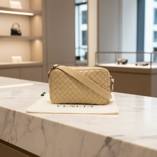 BOTTEGA VENETA – Intrecciato Shoulder Bag – Beige Leather – 100% Authentic ✨Previously Owned Near Mint Condition ~33% Off MSRP