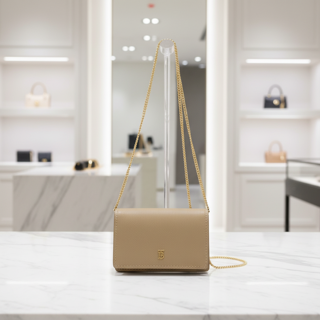 BURBERRY – Coin Chain Wallet – Beige Calfskin  100% Authentic ✨Previously Owned Excellent Condition ~32% Off MSRP