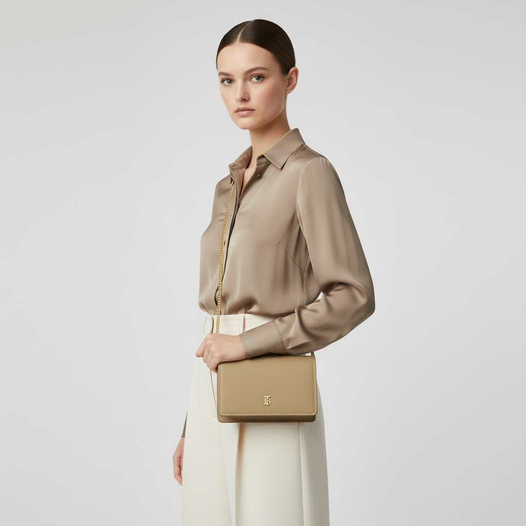 BURBERRY – Coin Chain Wallet – Beige Calfskin  100% Authentic ✨Previously Owned Excellent Condition ~32% Off MSRP