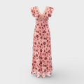 Woman’s Pink Floral Lace Trim Midi Dress V-Neck Ruffle Sleeve Fit & Flare – Romantic m Chic – Regular Fit