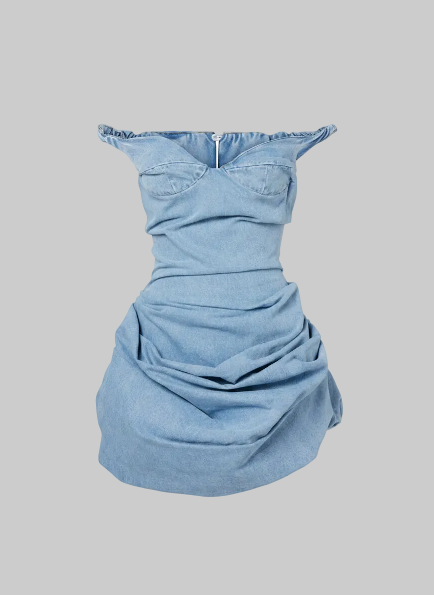 Denim Corset Bubble Hem Mini Dress – Off-Shoulder