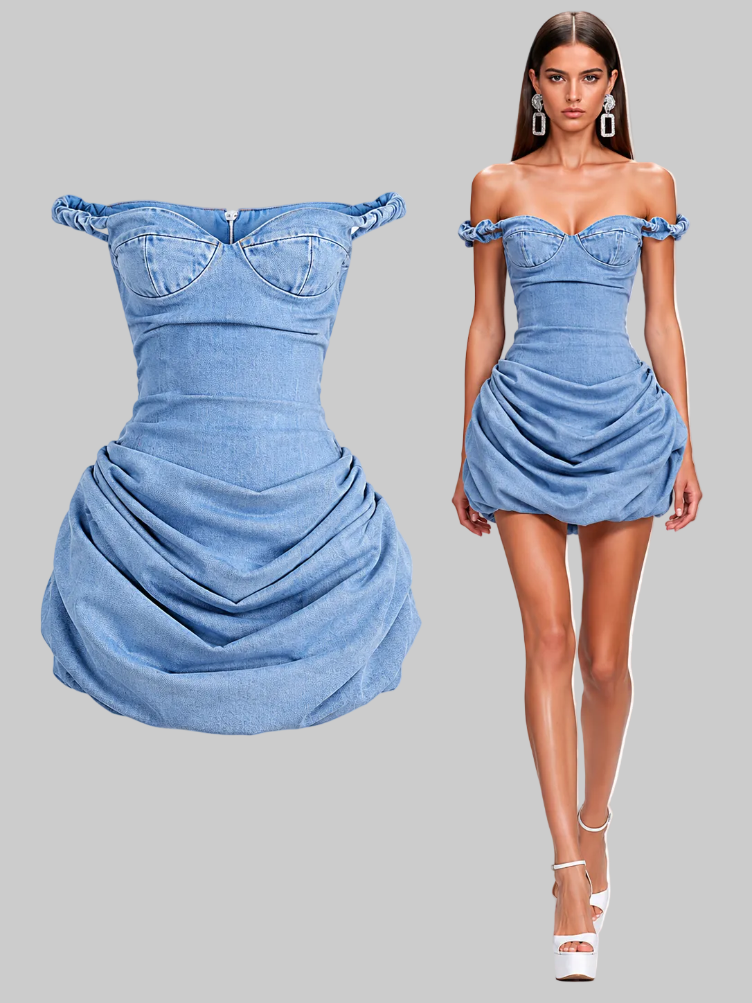 Denim Corset Bubble Hem Mini Dress – Off-Shoulder