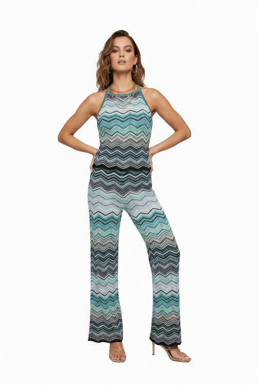 Blue Chevron Knit Sleeveless Top & Wide Leg Pants  Matching Set