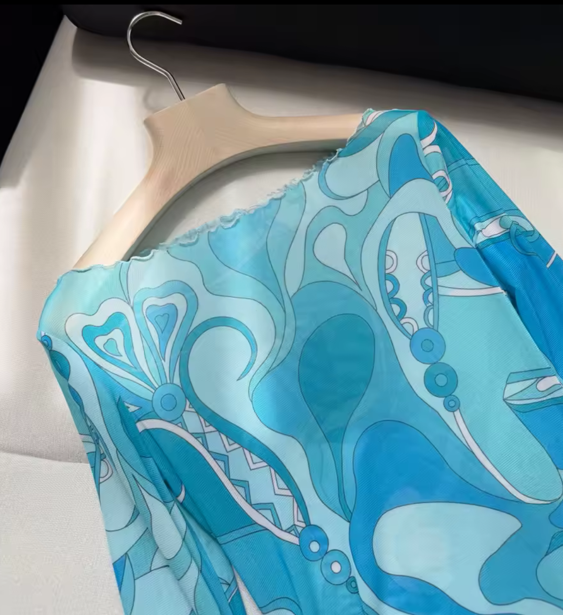 Aqua Paisley Sheer Overlay Maxi Dress – Long Sleeve A-Line Resort Vacation Dress for Women