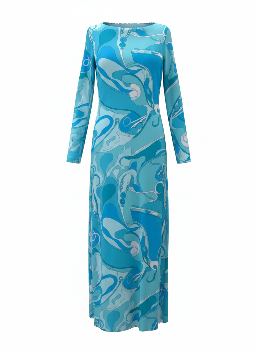 Aqua Paisley Sheer Overlay Maxi Dress – Long Sleeve A-Line Resort Vacation Dress for Women