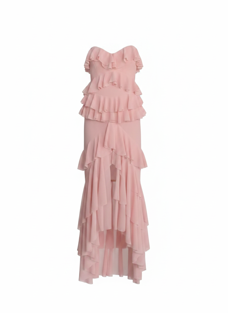 Women’s Strapless Pink Ruffle Chiffon Maxi Dress | High-Waist Occasion Dress
