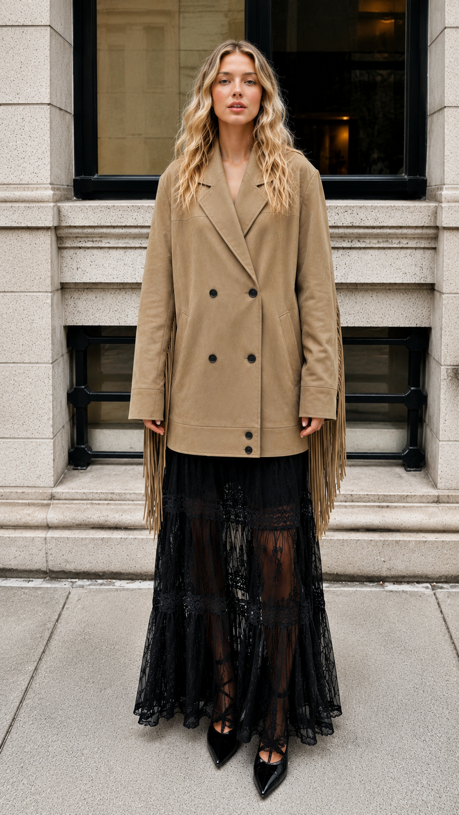 Oversized Faux Suede Fringe Blazer Jacket