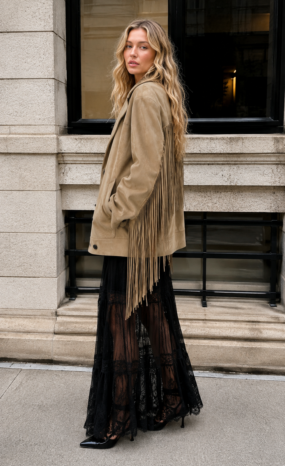 Oversized Faux Suede Fringe Blazer Jacket