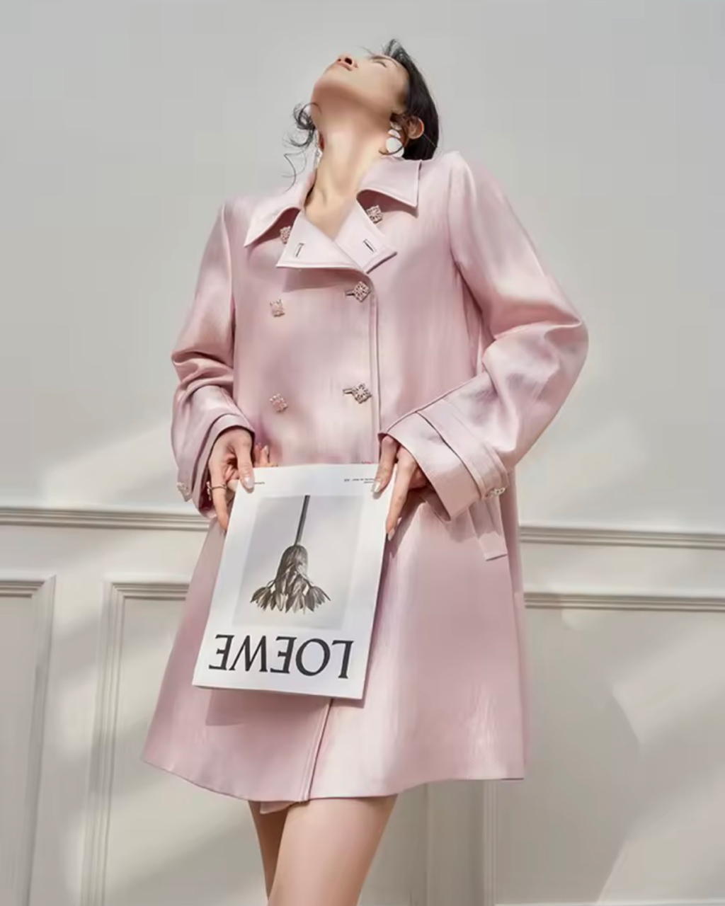 Pink Double-Breasted Hooded Trench Coat