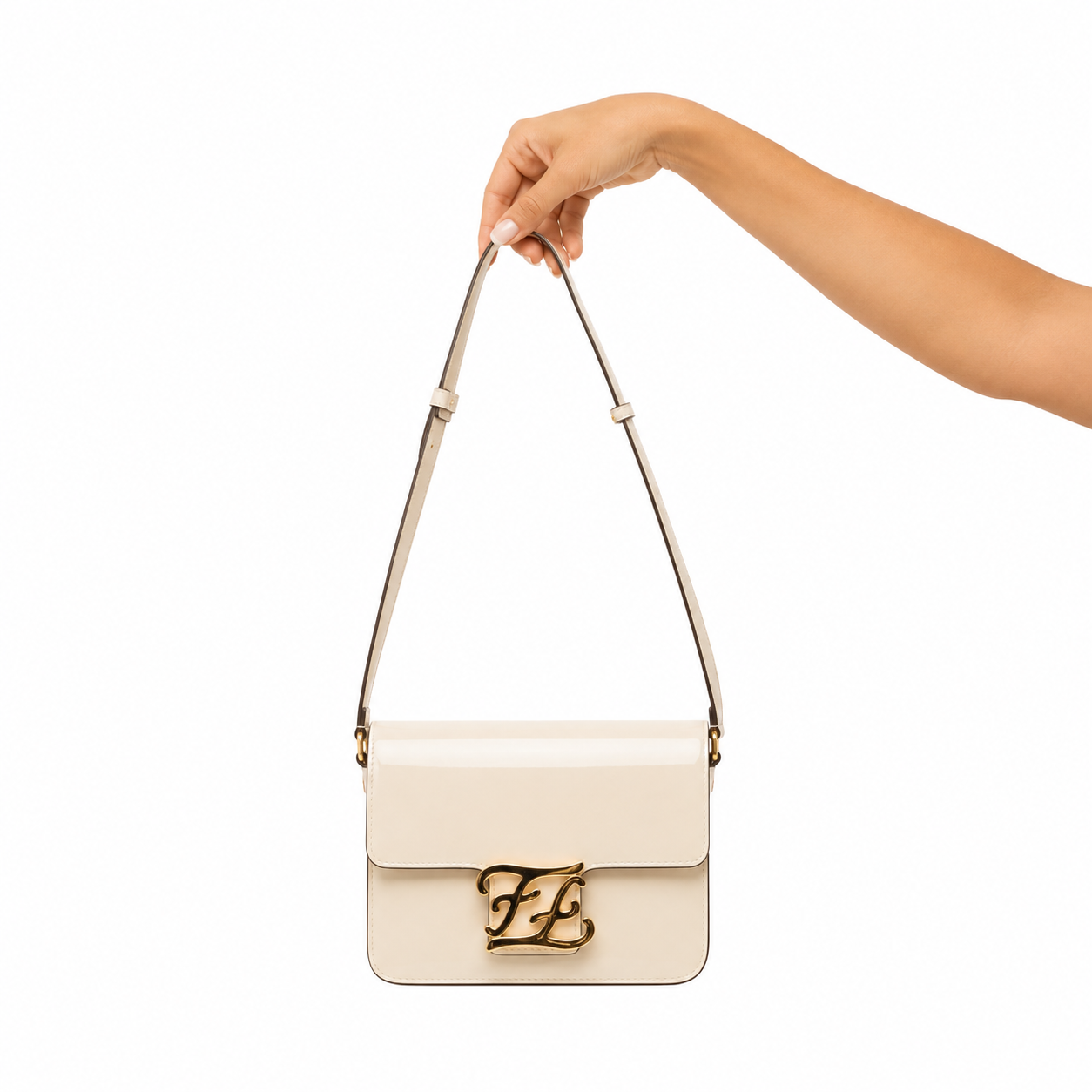 Fendi Calligraphy Patent Leather Shoulder Bag Cream Previously Owned Authentic