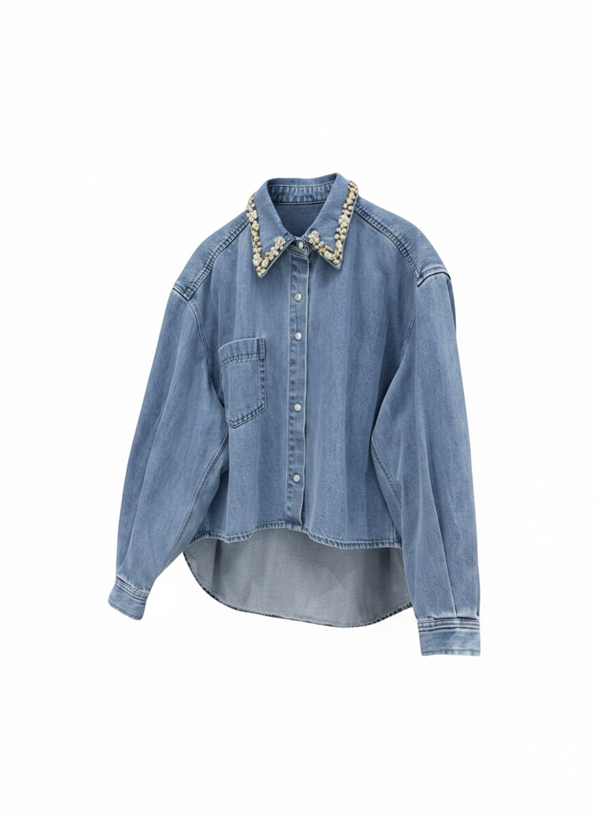 Rhinestone Collar Denim Shirt & High-Waist Wide-Leg Jeans Set