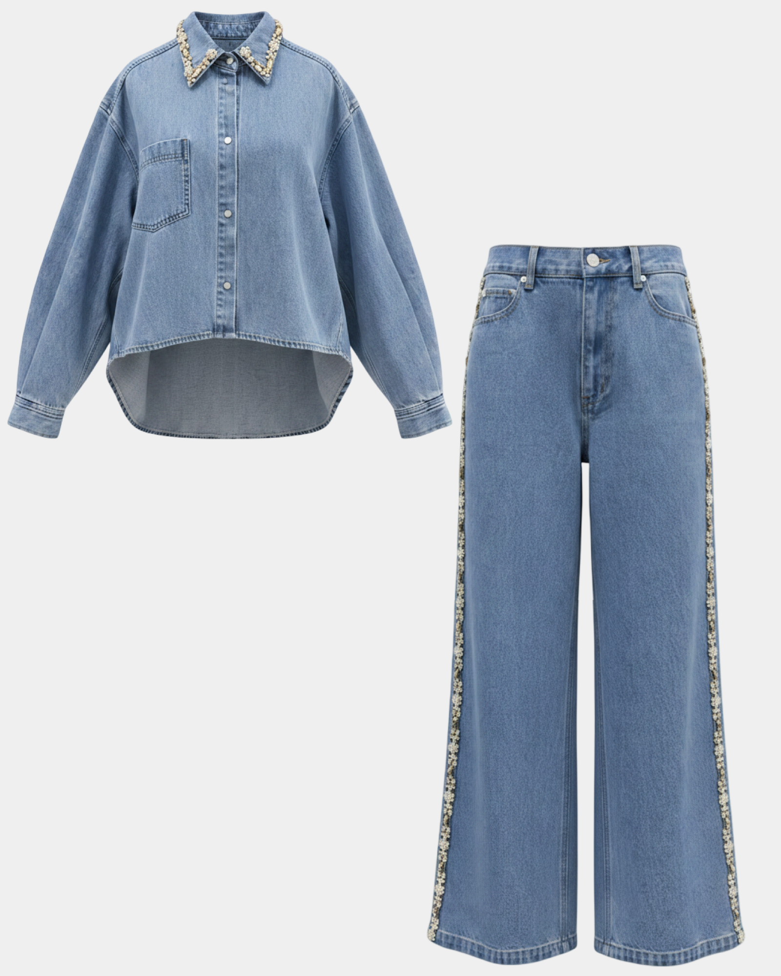 Rhinestone Collar Denim Shirt & High-Waist Wide-Leg Jeans Set