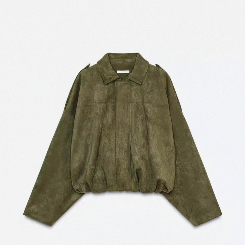 Relaxed khaki bomber jacket with a soft suede-effect finish, oversized dropped shoulders and contemporary cropped silhouette.