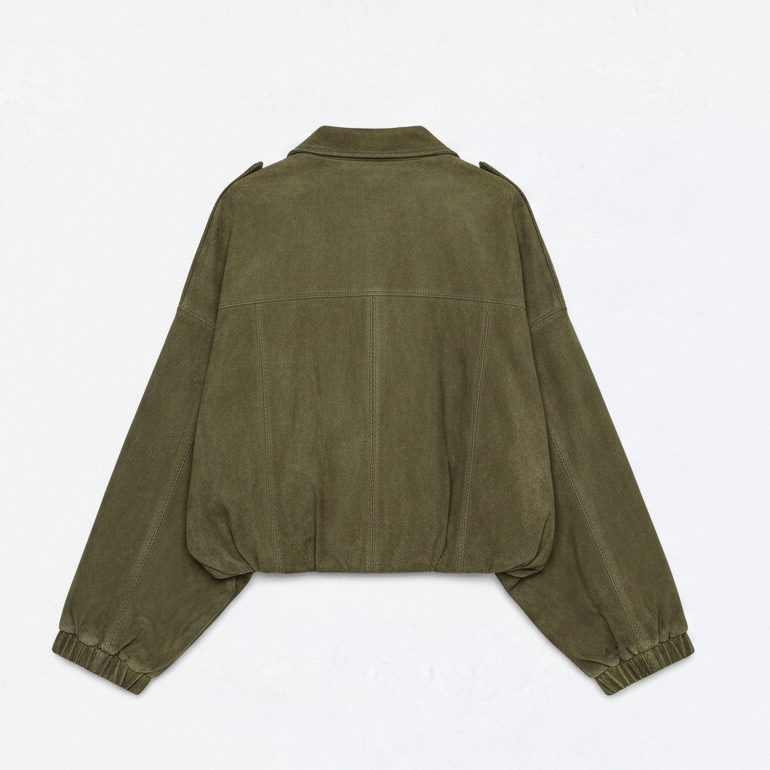 Relaxed khaki bomber jacket with a soft suede-effect finish, oversized dropped shoulders and contemporary cropped silhouette.