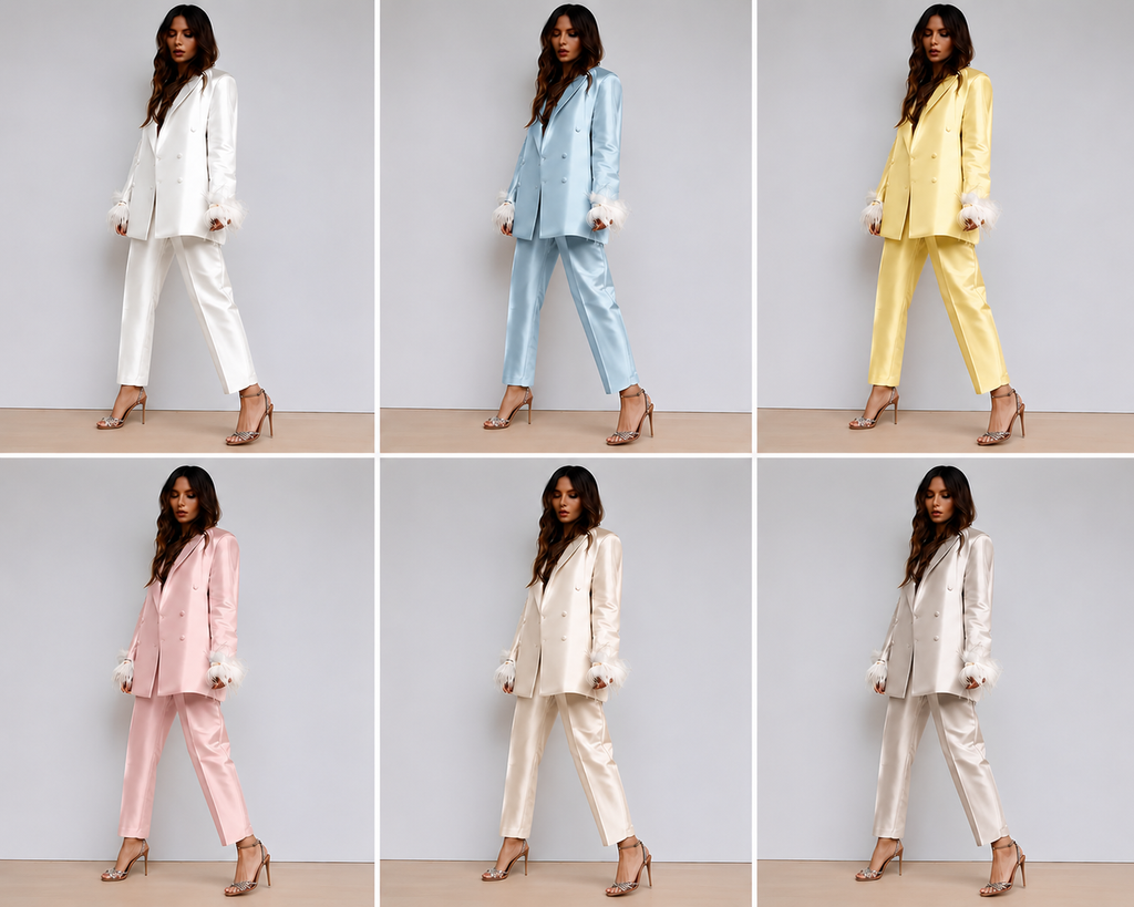 Feather-Cuff Double-Breasted Blazer & Tailored Pants Matching Co-Ord Outfit