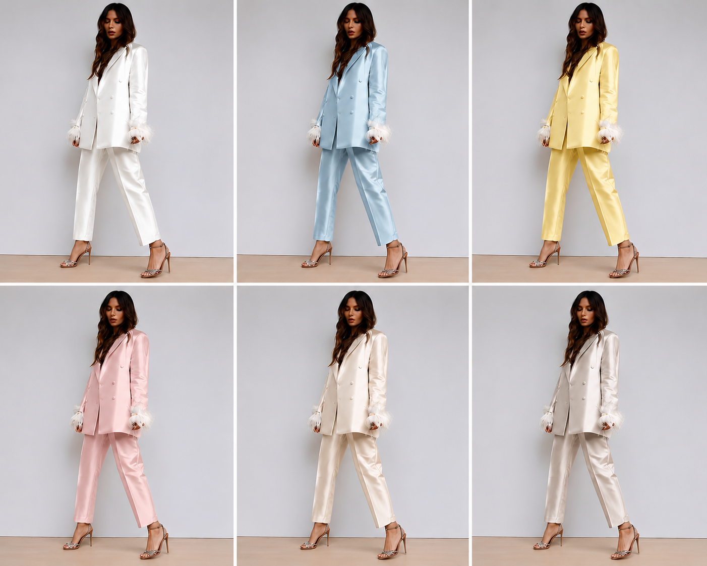 Feather-Cuff Double-Breasted Blazer & Tailored Pants Matching Co-Ord Outfit