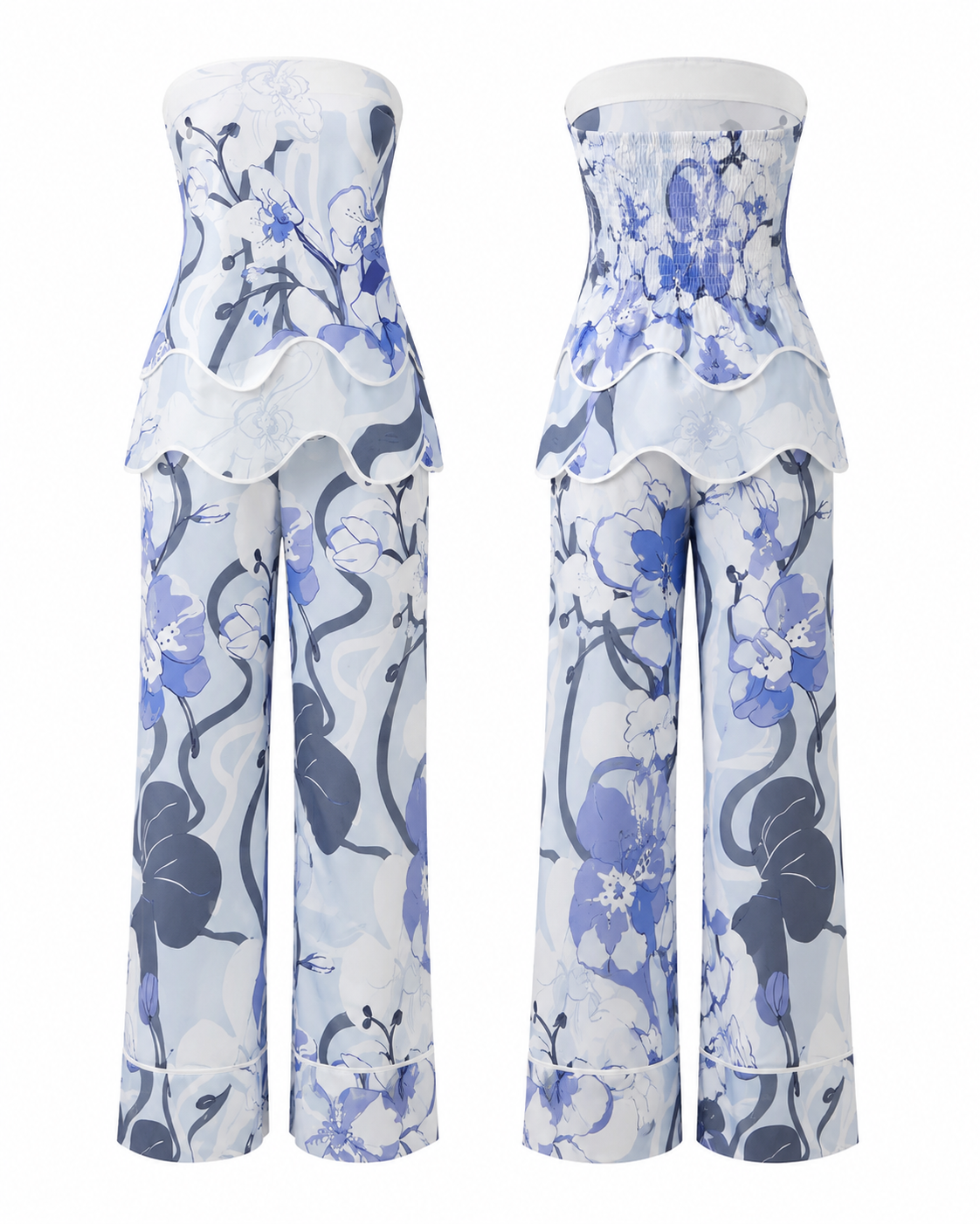 Blue Floral Strapless Top & Matching Wide-Leg Pant Co-Ord Outfit