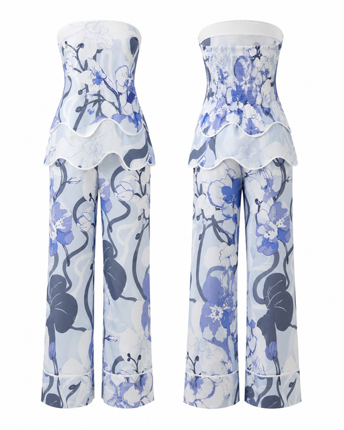 Blue Floral Strapless Top & Matching Wide-Leg Pant Co-Ord Outfit