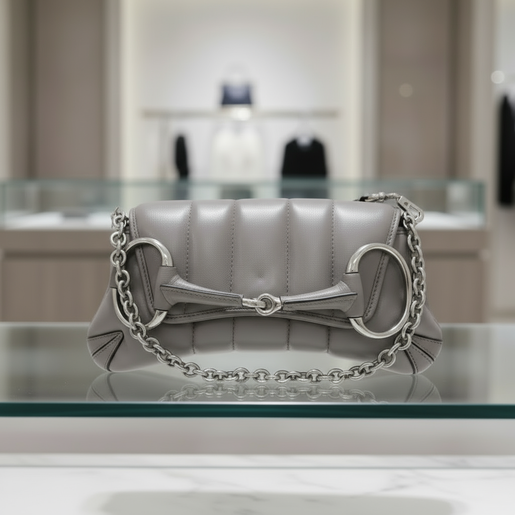 GUCCI – Horsebit Chain Shoulder Bag – Gray Leather – Italy – 100% Authentic ✨Previously Owned Pristine/Near New ~47% Off MSRP