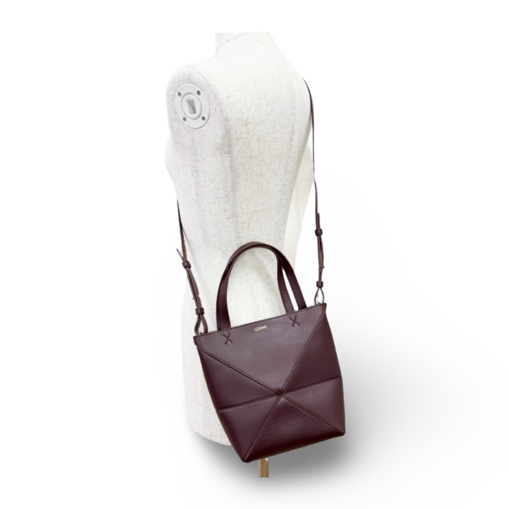 Loewe Puzzle Fold Mini Tote Bag Burgundy Shiny Calfskin – Previously Owned Authentic