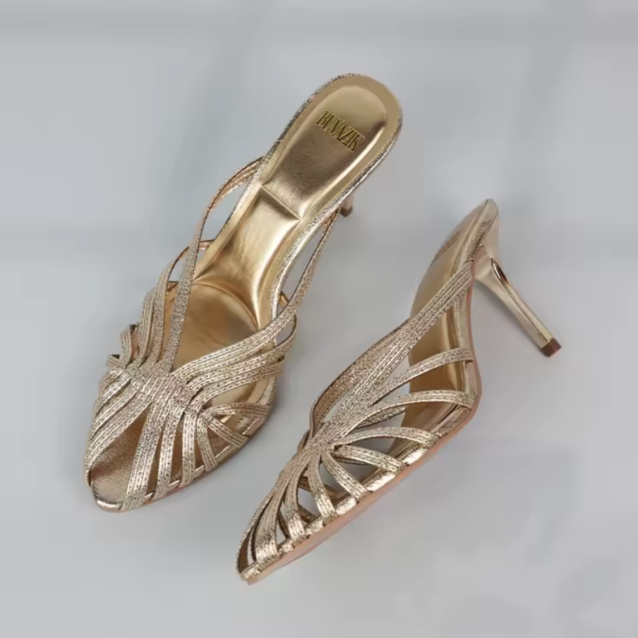Gold Hollow Thin Strap Pointed-Toe Mule Heels – Metallic Gold Stiletto Sandals – True to Size