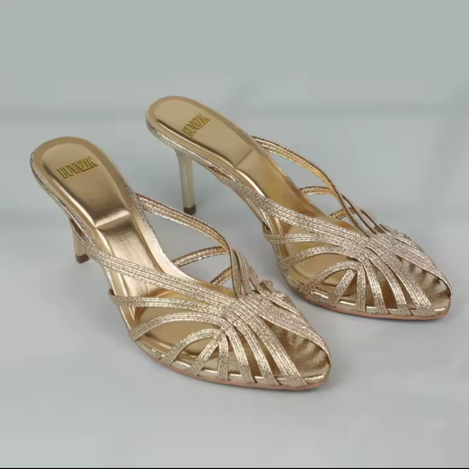 Gold Hollow Thin Strap Pointed-Toe Mule Heels – Metallic Gold Stiletto Sandals – True to Size