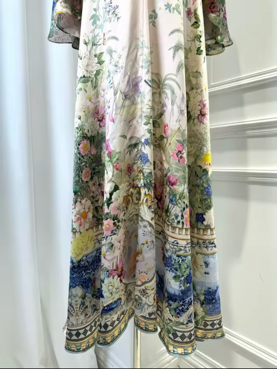 Garden Floral Silk Maxi Dress – V-Neck Batwing Sleeve A-Line Gown – Ivory Multi Print