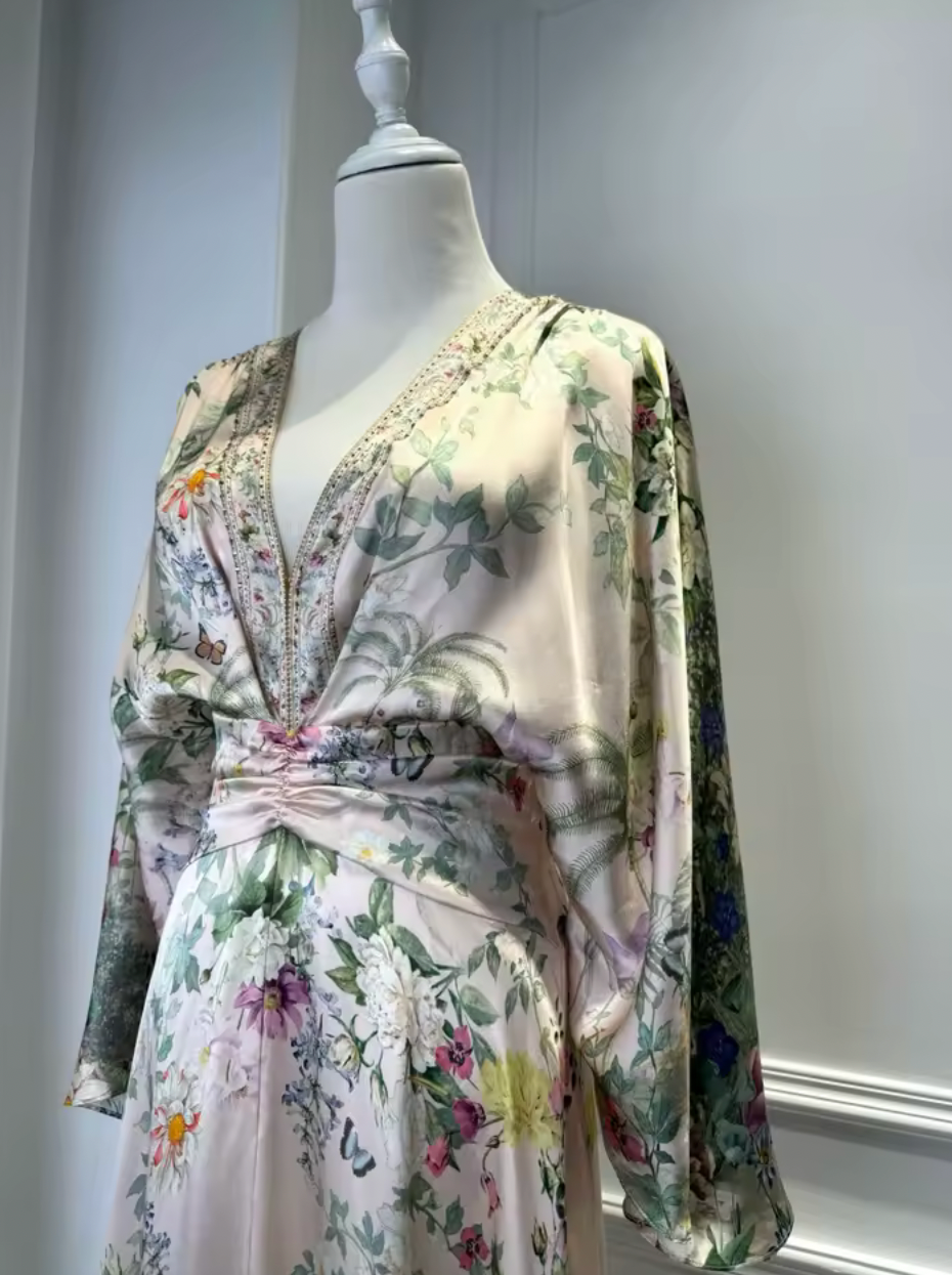 Garden Floral Silk Maxi Dress – V-Neck Batwing Sleeve A-Line Gown – Ivory Multi Print
