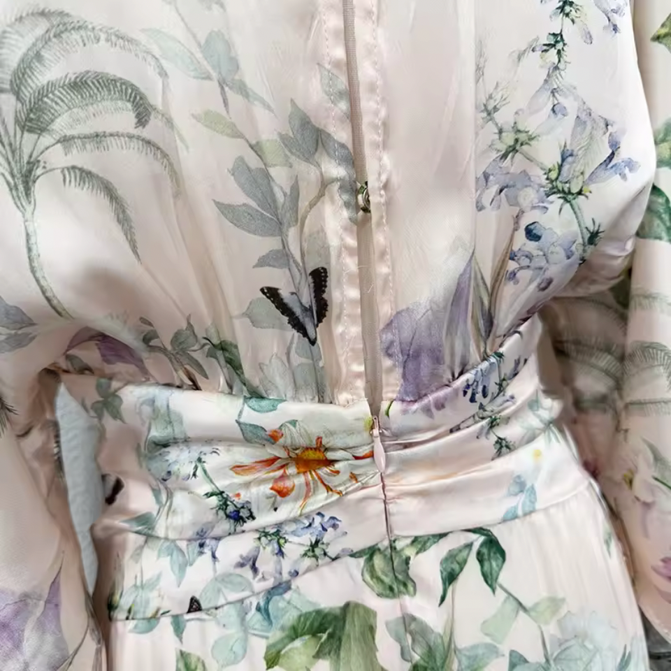 Garden Floral Silk Maxi Dress – V-Neck Batwing Sleeve A-Line Gown – Ivory Multi Print