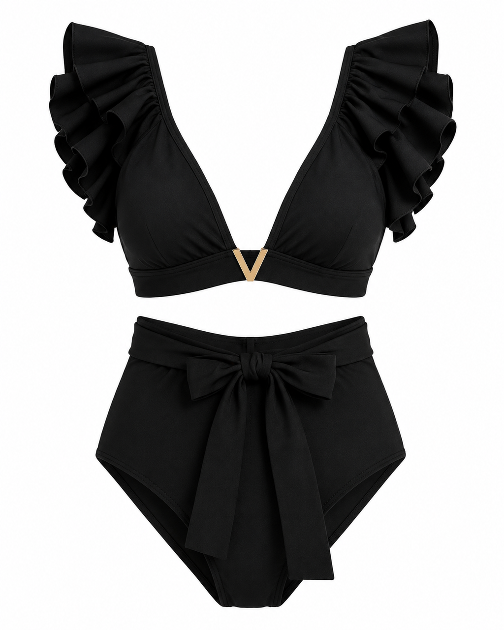 Ruffle Sleeve High-Waisted Bikini with Tie-Waist Bottom