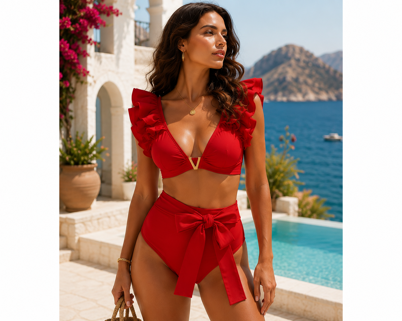 Ruffle Sleeve High-Waisted Bikini with Tie-Waist Bottom