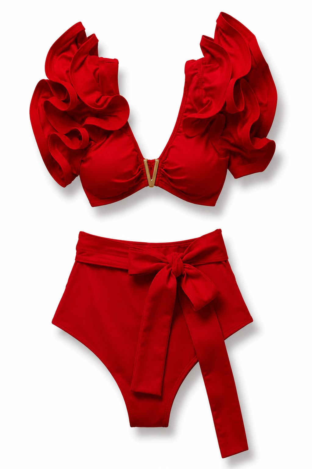 Ruffle Sleeve High-Waisted Bikini with Tie-Waist Bottom